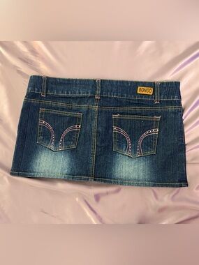 Y2K McBling Bongo Dark Wash Denim Micro Mini Skirt Rhinestone Pink Detail Sz 9